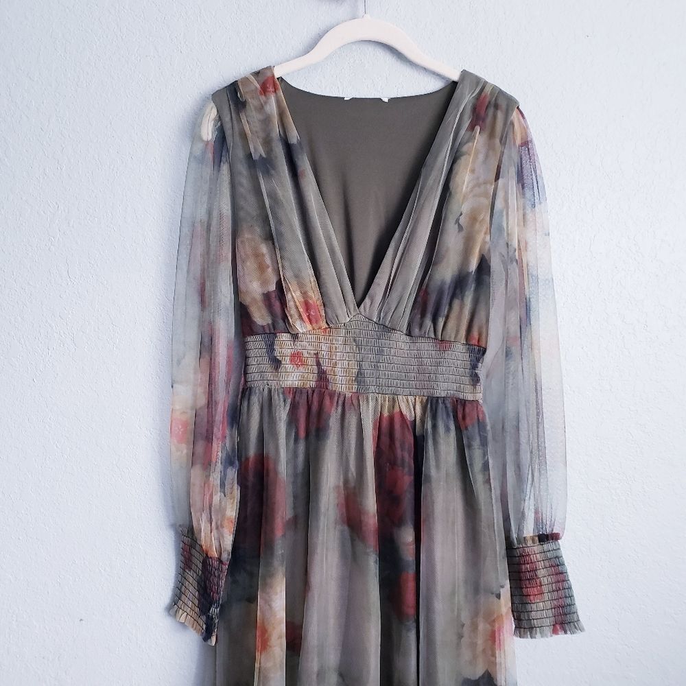 Baltic Born Layla Olive And Rust Floral Long Sleeve Tulle Maxi Dress - Picture 3 of 5